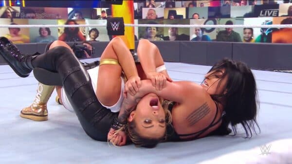 No DQ Match Where The Loser Leaves WWE: Mandy Rose vs. Sonya Deville Originally, we were getting a hair vs. hair match. That got me excited as the gimmick is rarely seen, especially with women. Then, both ladies underwent a scary situation with a deranged person trying to cause real harm. Likely due those circumstances, the match was changed to a loser leaves WWE. Five years of friendship came to a conclusion in a somewhat lackluster affair. They gave it their best, but are far being top caliber superstars. Grade: B-