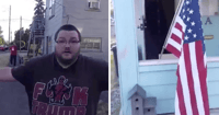 man harasses woman american flag