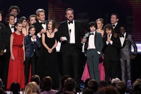 Jan 29, 2017; Los Angeles, CA, USA; David Harbour speaks as cast members of â€˜Stranger Thingsâ€™ (Netflix) accept the award for