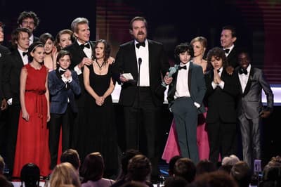 Jan 29, 2017; Los Angeles, CA, USA; David Harbour speaks as cast members of â€˜Stranger Thingsâ€™ (Netflix) accept the award for