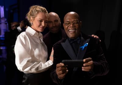Mar 27, 2022; Los Angeles, CA, USA; Uma Thurman, John Travolta, and Samuel L. Jackson backstage during the 94th Academy Awards