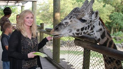 Celebrity guest Morgan Fairchild makes a friend during the "Safari Under The Stars" fundraiser to benefit the zoo's wildlife