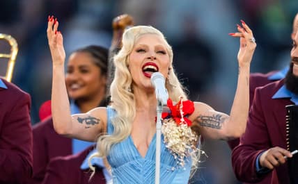 Feb 8, 2026; Santa Clara, CA, USA; Lady Gaga performs the halftime show in Super Bowl LX between the Seattle Seahawks and the / lady gaga