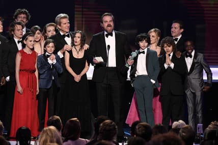 Jan 29, 2017; Los Angeles, CA, USA; David Harbour speaks as cast members of â€˜Stranger Thingsâ€™ (Netflix) accept the award for