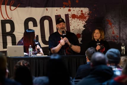 Tyler Mane, center, takes questions during the 2025 Evansville Horror Con at Old National Events Plaza Saturday, March 1, 2025.