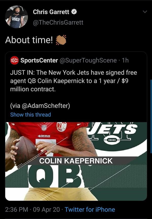Chris Garrett falls for fake Kaepernick Jets tweet