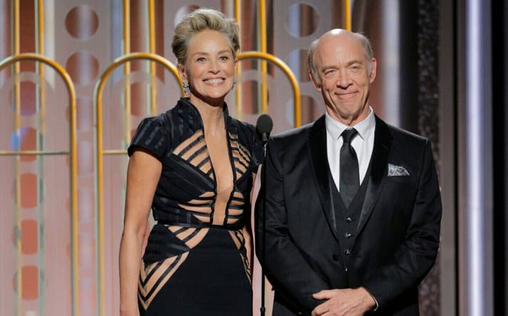 Jan 7, 2018; Beverly Hills, CA, USA; Sharon Stone and J.K. Simmons present during the 75th Golden Globe Awards at the Beverly