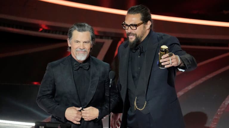 Mar 27, 2022; Los Angeles, CA, USA; Josh Brolin (left) and Jason Momoa appear on stage during the 94th Academy Awards at the