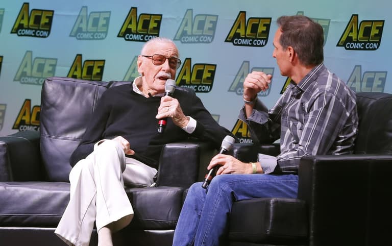 Comic legend Stan Lee speaks with Todd McFarlane during a discussion during Ace Comic Con at Gila River Arena on January 13,