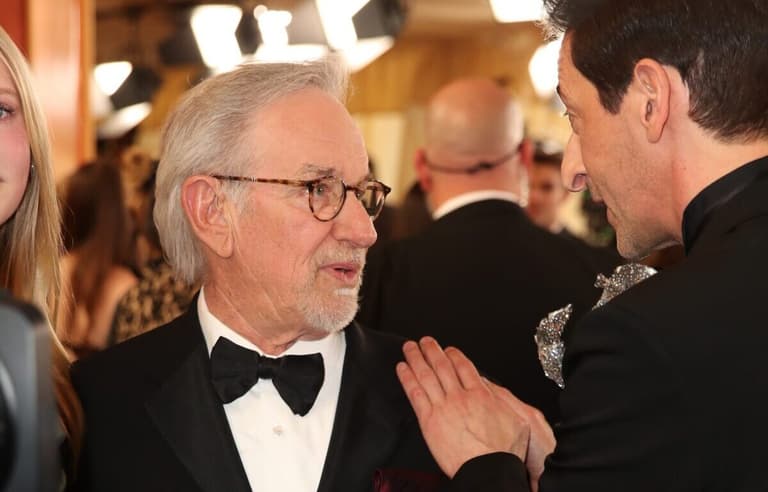 Mar 15, 2026; Los Angeles, CA, USA; (L-R) Steven Spielberg and Adrien Brody on the red carpet at the 98th Academy Awards at the