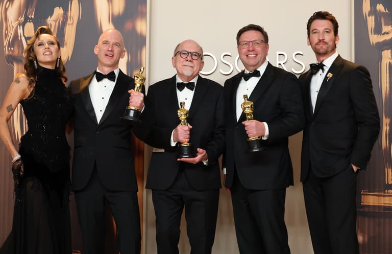 Mar 2, 2025; Los Angeles, CA, USA; (2nd from L) Gareth John, Richard King and Ron Bartlett, winners of Best Sound for “Dune: