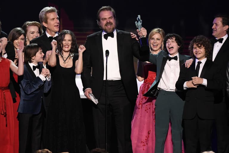 Jan 29, 2017; Los Angeles, CA, USA; David Harbour speaks as cast members of Stranger Things (Netflix) accept the award