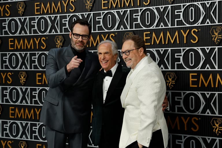 Jan 15, 2024; Los Angeles, CA, USA; Bill Hader and Henry Winkler and Stephen Root at the 75th Emmy Awards at the Peacock Theater