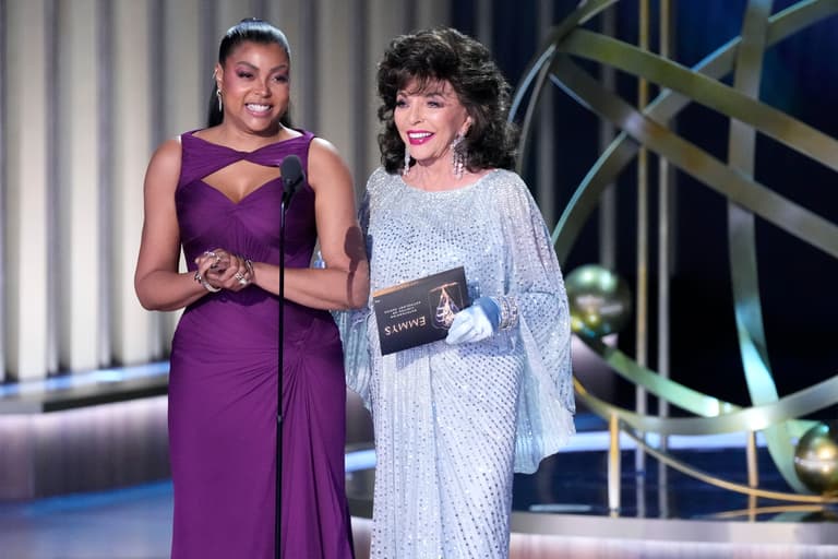 Jan 15, 2024; Los Angeles, CA, USA; Taraji P. Henson (left) and Dame Joan Collins present the award for best limited or