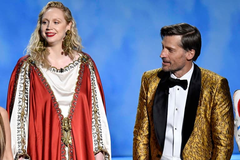 Sep 22, 2019; Los Angeles, CA, USA; (L-R) Emilia Clarke, Gwendoline Christie and Nikolaj Coster-Waldau join members of the cast