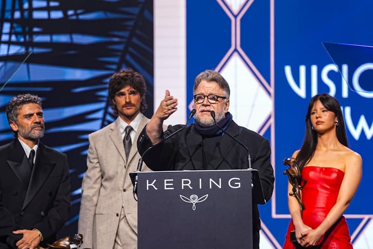 “Frankenstein” director Guillermo del Toro speaks after he and his cast receive the visionary award during the Palm Springs