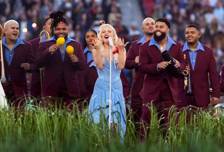 Feb 8, 2026; Santa Clara, CA, USA; Lady Gaga performs the halftime show in Super Bowl LX between the Seattle Seahawks and the