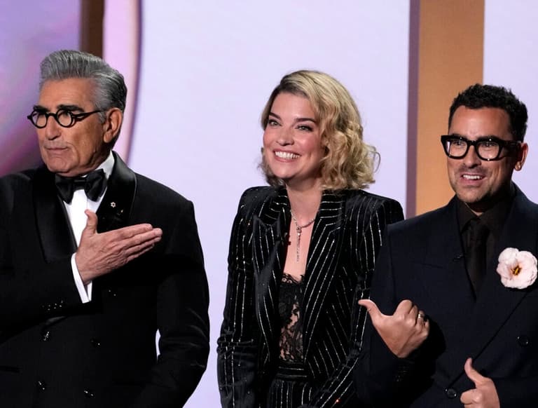 Sep 15, 2024; Los Angeles, CA, USA; Eugene Levy, Annie Murphy and Dan Levy appear on stage at the 76th Emmy Awards at the