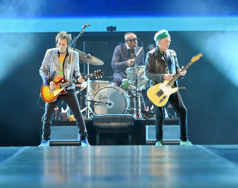 From left, Ron Wood, Steve Jordan and Keith Richards of the Rolling Stones May 30 at Gillette Stadium.