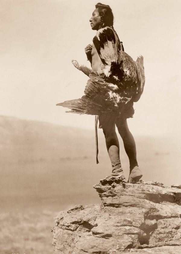 A Hidatsa man with an eagle, in 1908.