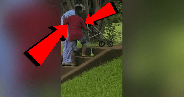 boy helps elderly woman climb stairs