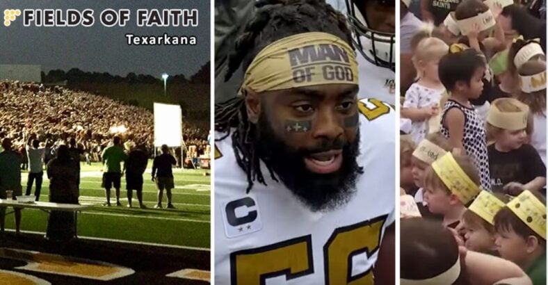 Christian Students stand for Christ during Fields of Faith with NFL Man of God Demario Davis