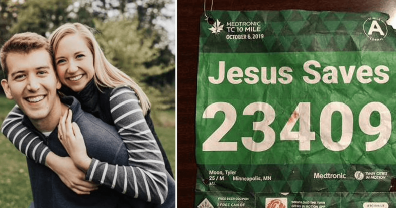 25-year-old runner Tyler Moon experienced a life-saving miracle after deciding to wear a race bib emblazoned with JESUS SAVES during a 10-mile race.