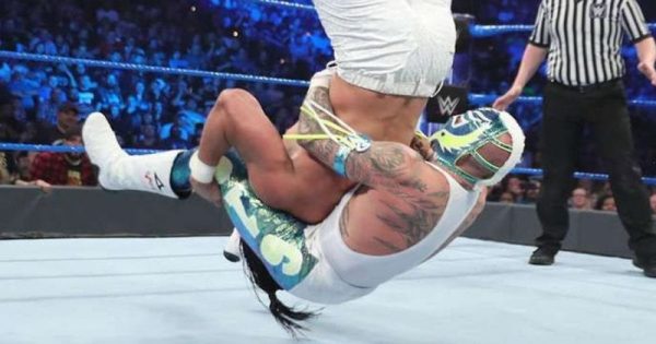 Rey Mysterio executing the Canadian Destroyer