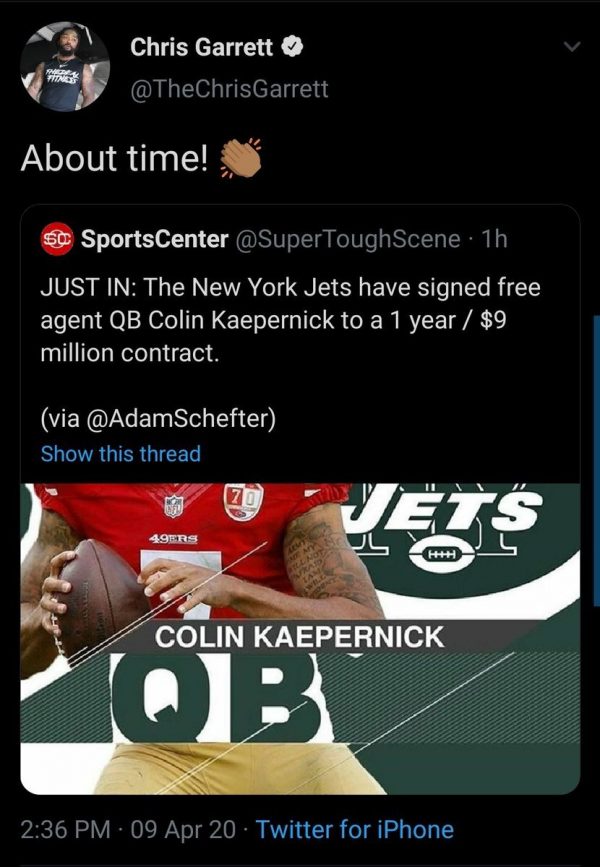 Chris Garrett falls for fake Kaepernick Jets tweet