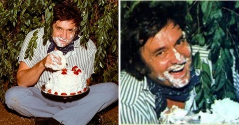 Johnny Cash eating Strawberry cake in a bush viral meme