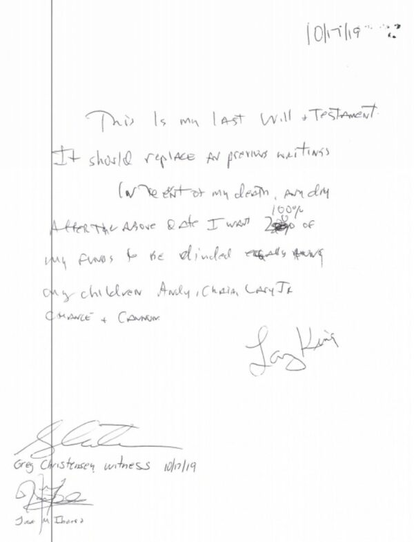 Larry King handwritten will