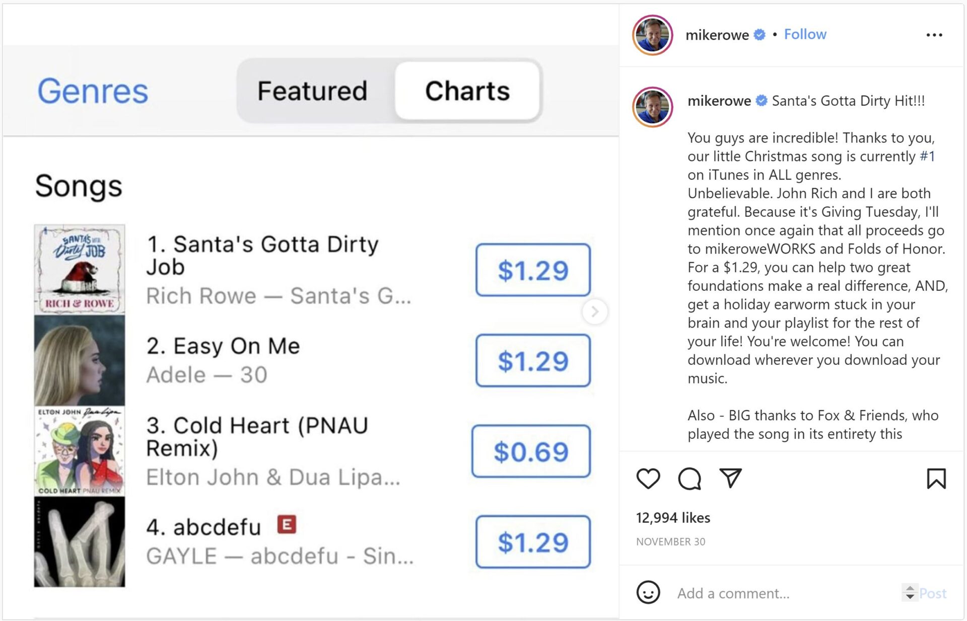 Mike Rowe Santa's Gotta Dirty Job Instagram post Christmas song tops Adele iTunes