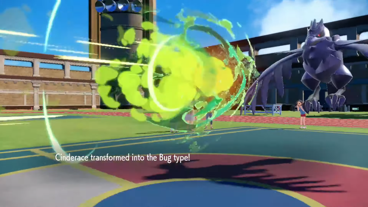 Cinderace uses U-Turn against a Corviknight, but not before Libero changes it into a Bug-Type via Pokémon Scarlet & Violet (2022), Nintendo