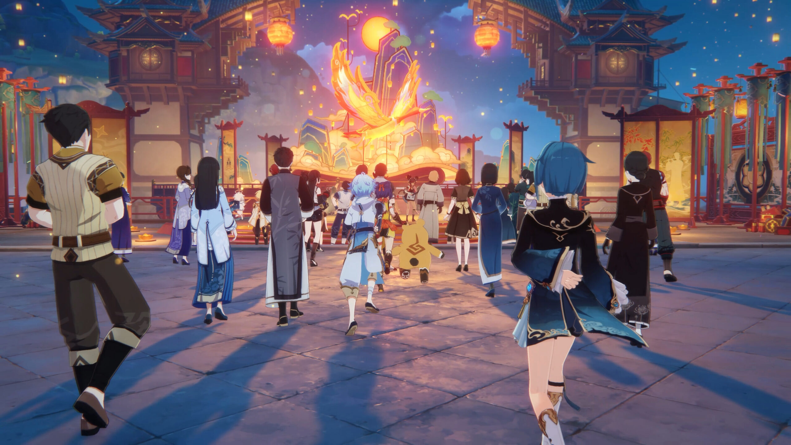 Numerous villagers attend the Lantern Rite festival, along with Xiangling, Xinyan, Xingqiu, and Chongyun via Genshin Impact (2020), miHoYo