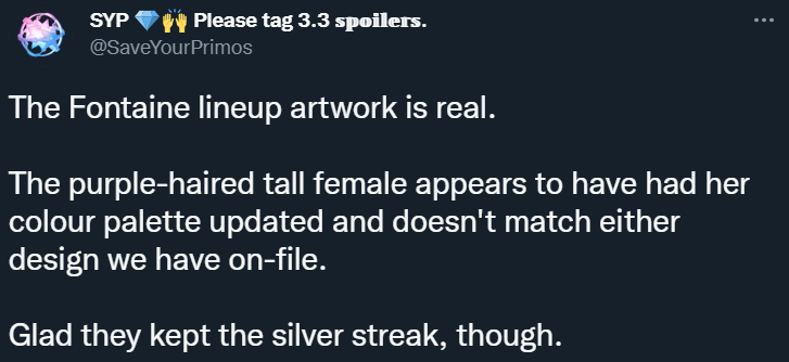 SaveYourPrimos insists that recent character model and art leaks supposedly of characters from the upcoming Fontaine region in Genshin Impact are real via Twitter