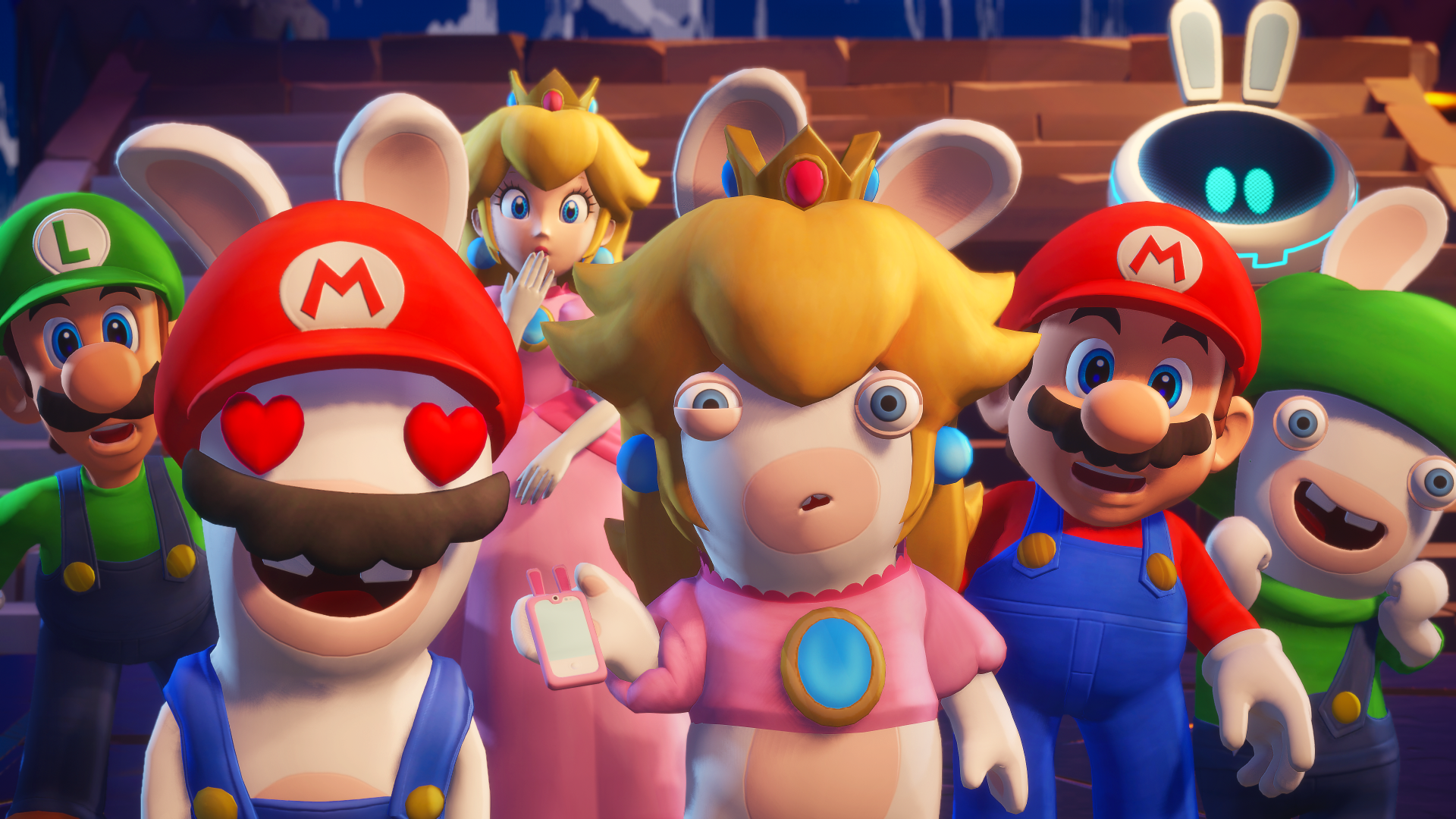 Mario and company stare in awe of Edge (offscreen), though Rabbid Peach is dumbfounded she is no longer the center of attention via Mario + Rabbids Sparks of Hope (2022), Ubisoft
