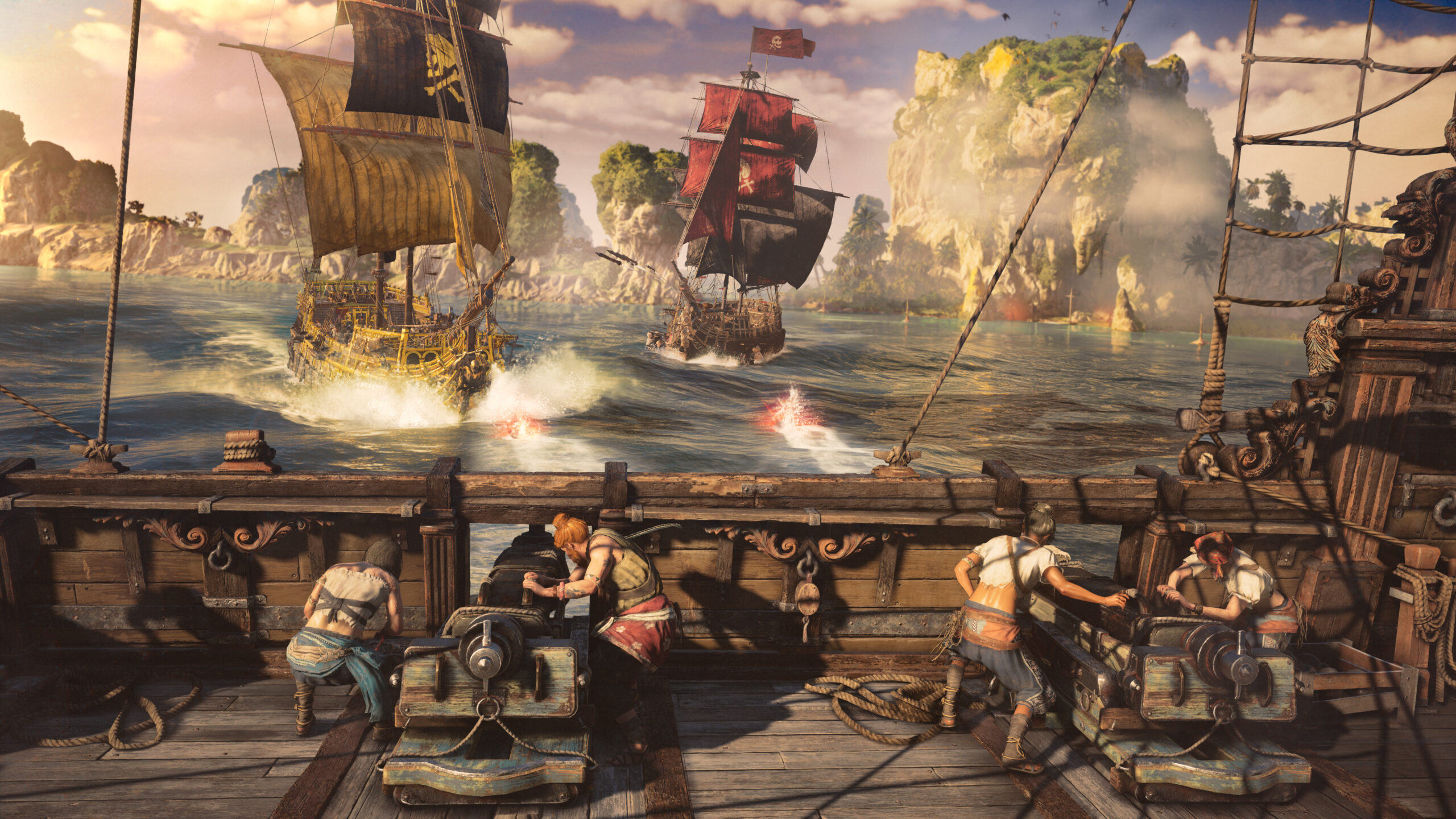 The crew mans the cannons against attacking rival pirates via Skull and Bones (2023), Ubisoft