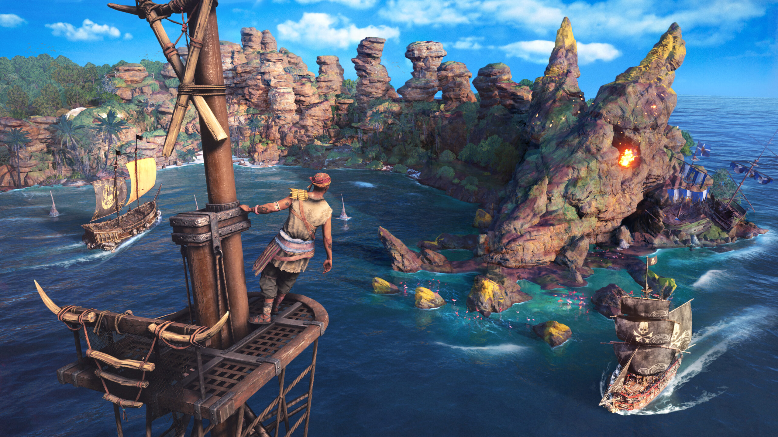 A pirate overlooks a jagged cove from the crow's nest via Skull and Bones (2023), Ubisoft