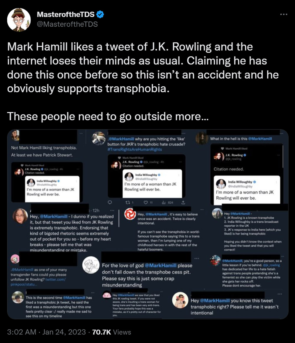 MasteroftheTDS tweets about backlash towards Mark Hamill on his Twitter account