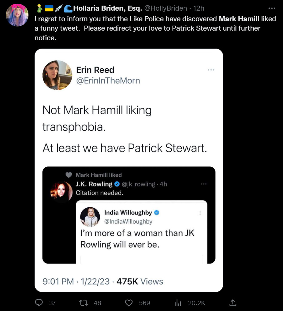 Hollaria Briden, Esq. lampoons the attacks on Mark Hamill on the officialTwitter account.
