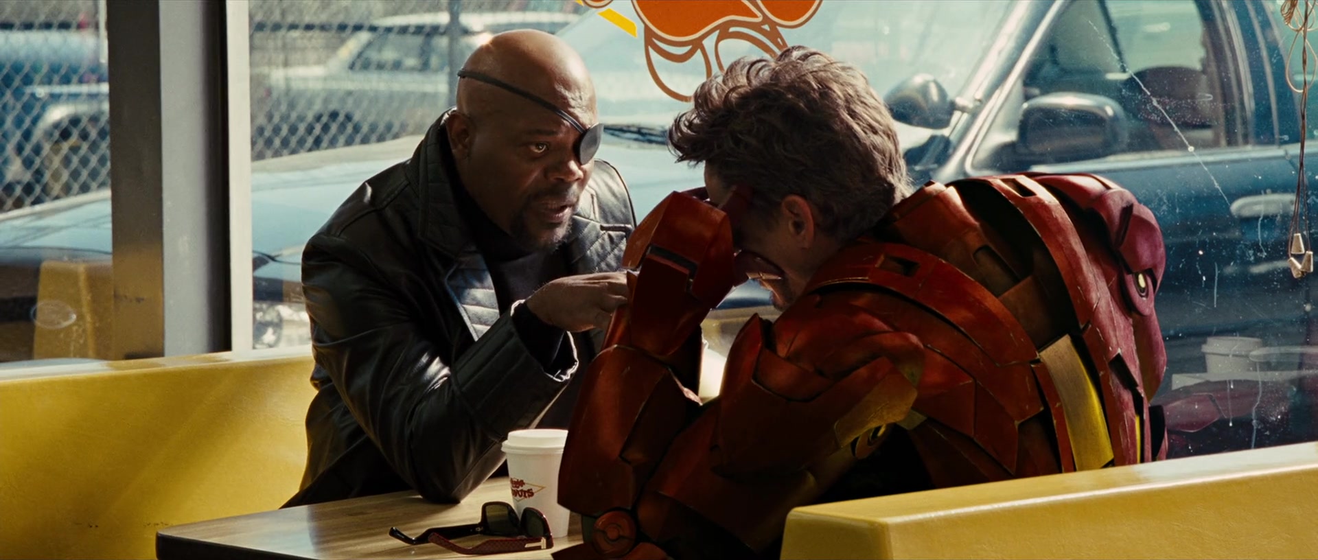 Nick Fury (Samuel L. Jackson) warns Tony Stark (Robert Downey Jr.) about his future in Iron Man 2 (2010), Marvel Studios