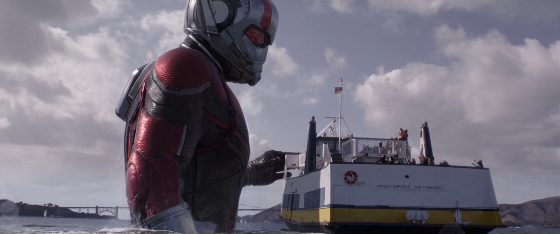 Scott Lang (Paul Rudd) emerges from the San Francisco Bay as Giant-Man in Ant-Man and the Wasp (2018), Marvel Entertainment