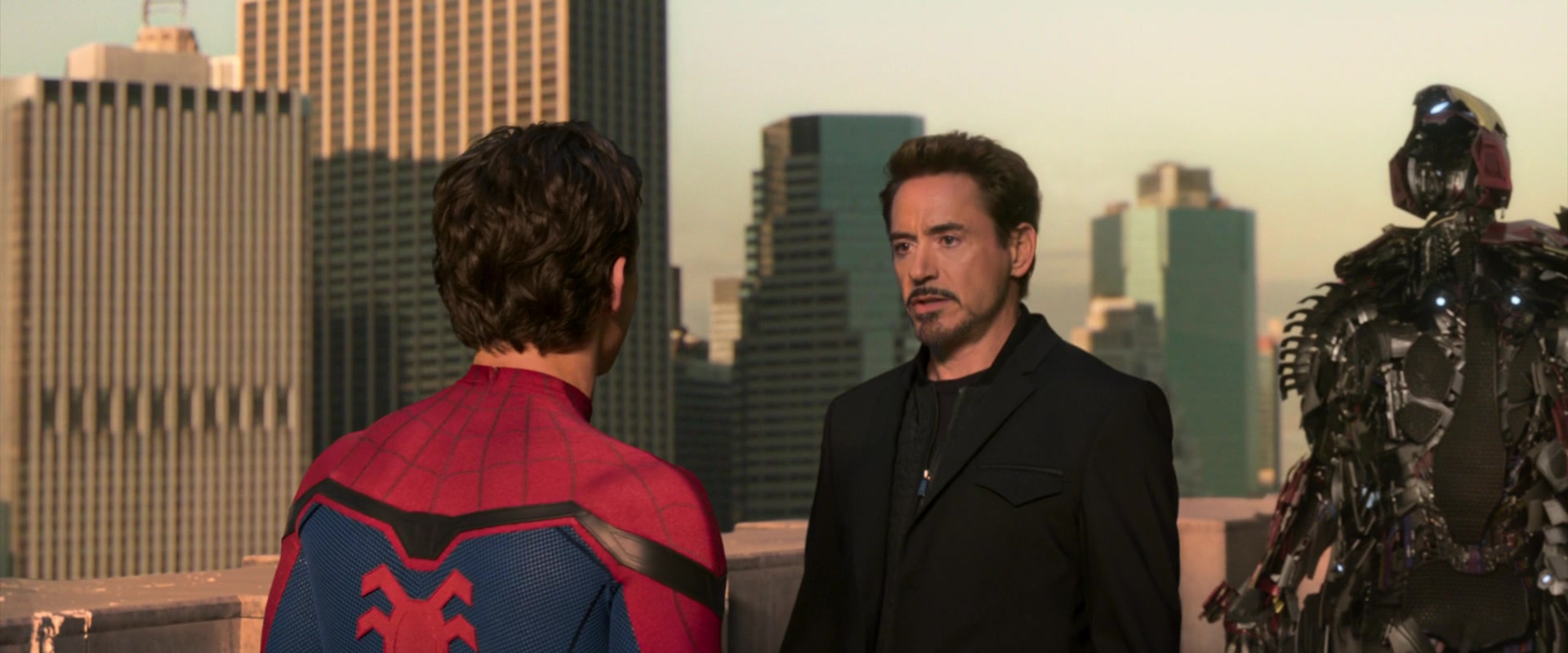 Tony Stark (Robert Downey Jr.) is unhappy with Peter Parker (Tom Holland) in Spider-Man: Homecoming (2017), Marvel Entertainment