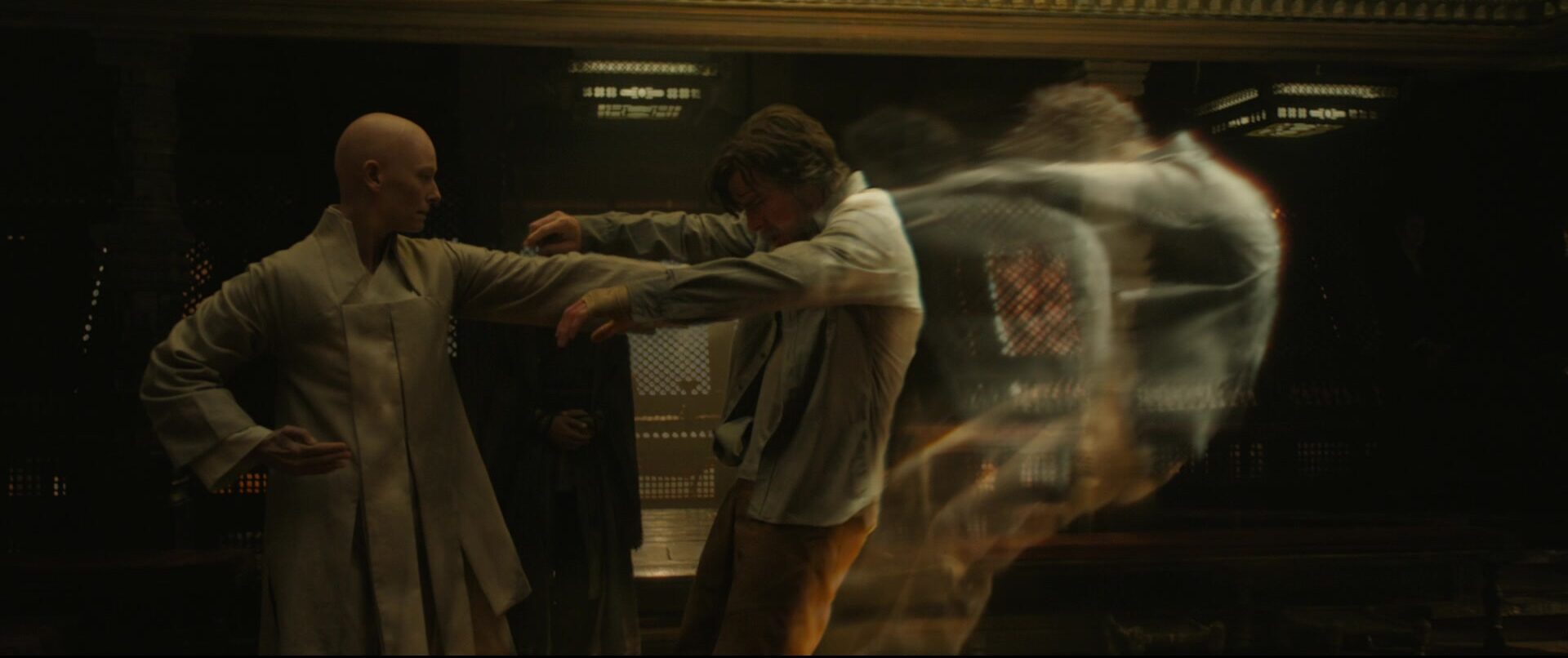 The Ancient One (Tilda Swinton) separates Doctor Strange's (Benedict Cumberbatch) physical and astral forms in Doctor Strange (2016), Marvel Entertainment