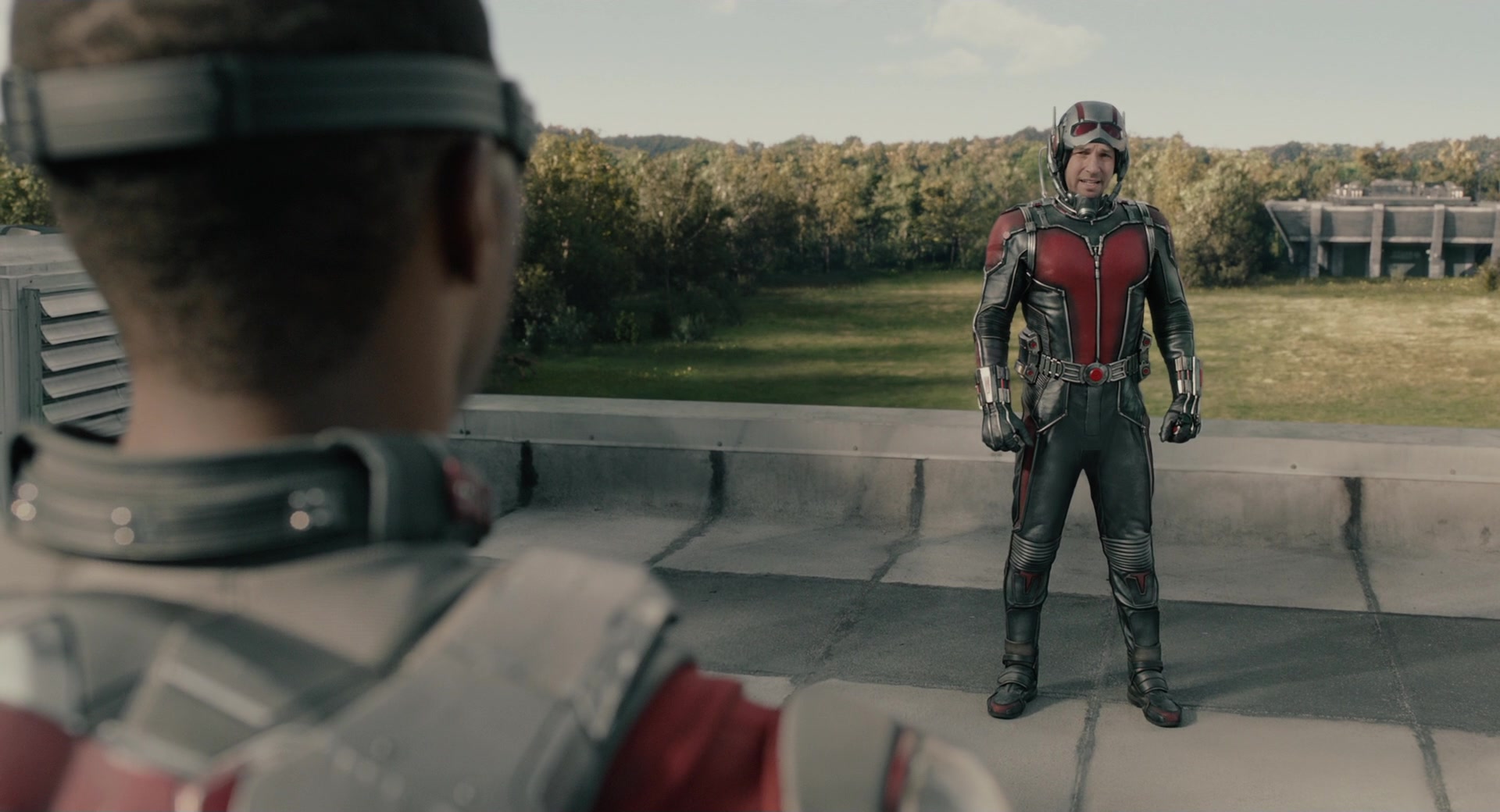 The Falcon (Anthony Mackie) catches Ant-Man (Paul Rudd) trying to break into Avengers' HQ in Ant-Man (2015), Marvel Entertainment