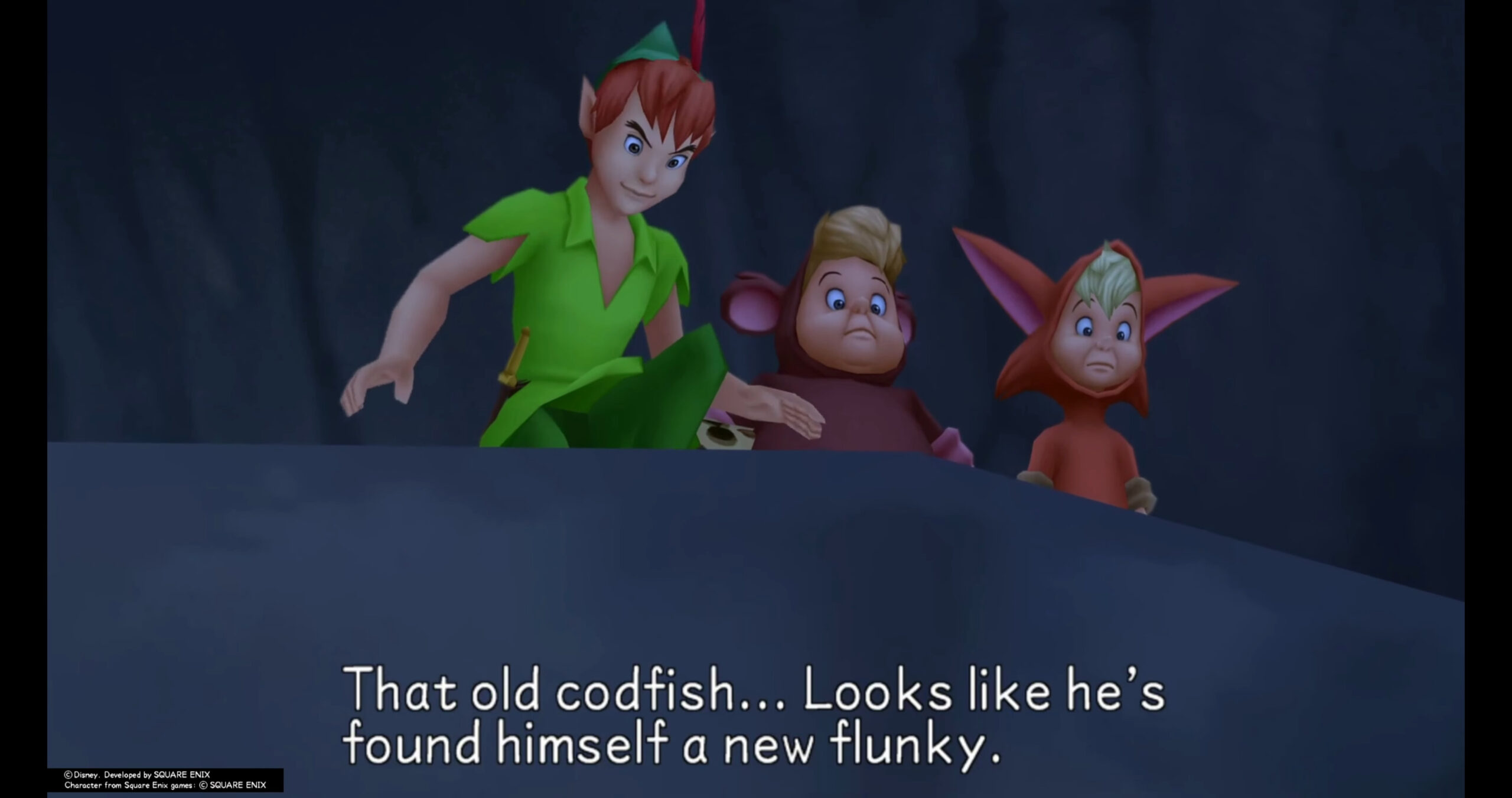 Peter Pan (Christopher Steele) and the Lost Boys look on at the newly arrived Terra (Jason Dohring) in Kingdom Hearts Birth by Sleep (2009), Square Enix