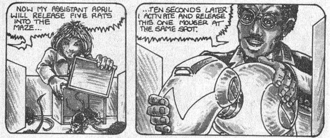 April O'Neil assists Dr. Stockman in presenting the Mouser prototype in Teenage Mutant Ninja Turtles Vol. 1 #2 "TMNT vs. the Mousers" (1984), Mirage Studios. Words and art by Kevin Eastman and Pete Laird.