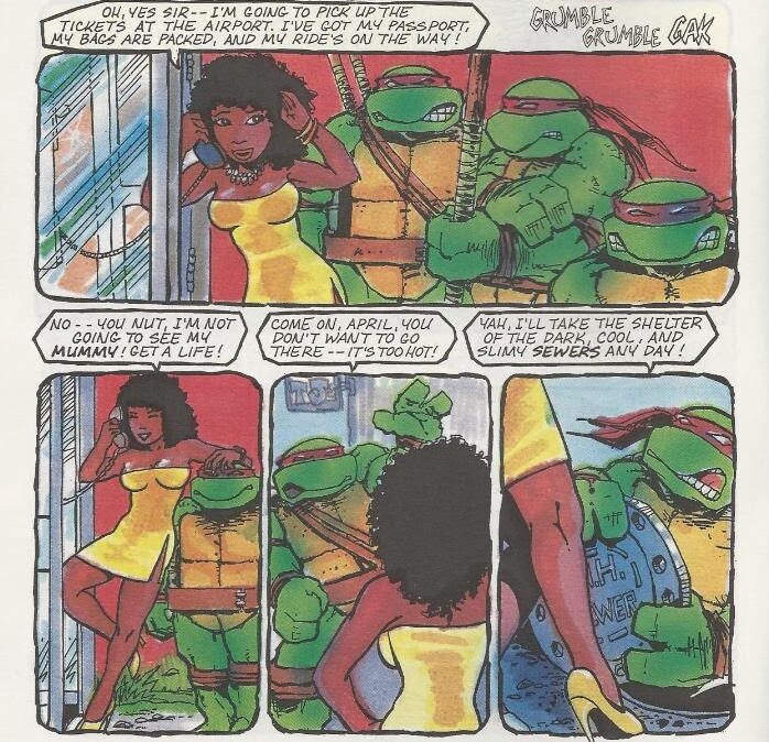 A coloring mistake turns April O'Neil into a black woman in Teenage Mutant Ninja Turtles Vol. 1 #32 "Egyptian Adventure" (1990), Mirage Studios. Words and art by Mark Bodé, Kevin Eastman (inks on original B&W art only), Eric Talbot, Mary Kelleber.