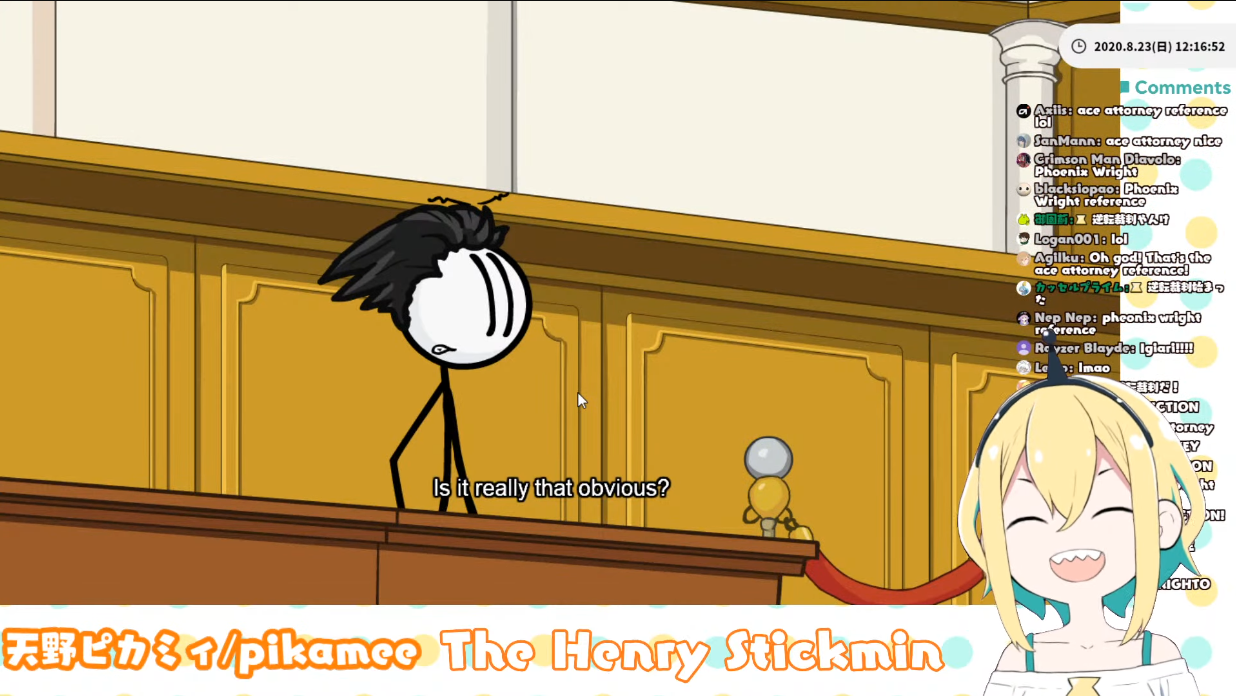 Pikamee laughs at an Ace Attorney parody via 【The Henry Stickmin collection】WELCOME TO WALKTHROUGH【#天野ピカミィ / #voms_project 】, 天野ピカミィ. Pikamee YouTube
