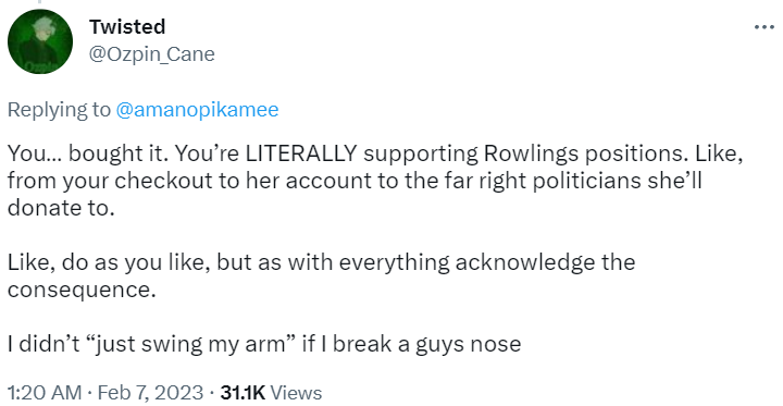 Ozpin_Cane insists Pikamee supports J.K. Rowling's positions by playing Hogwarts Legacy via Twitter